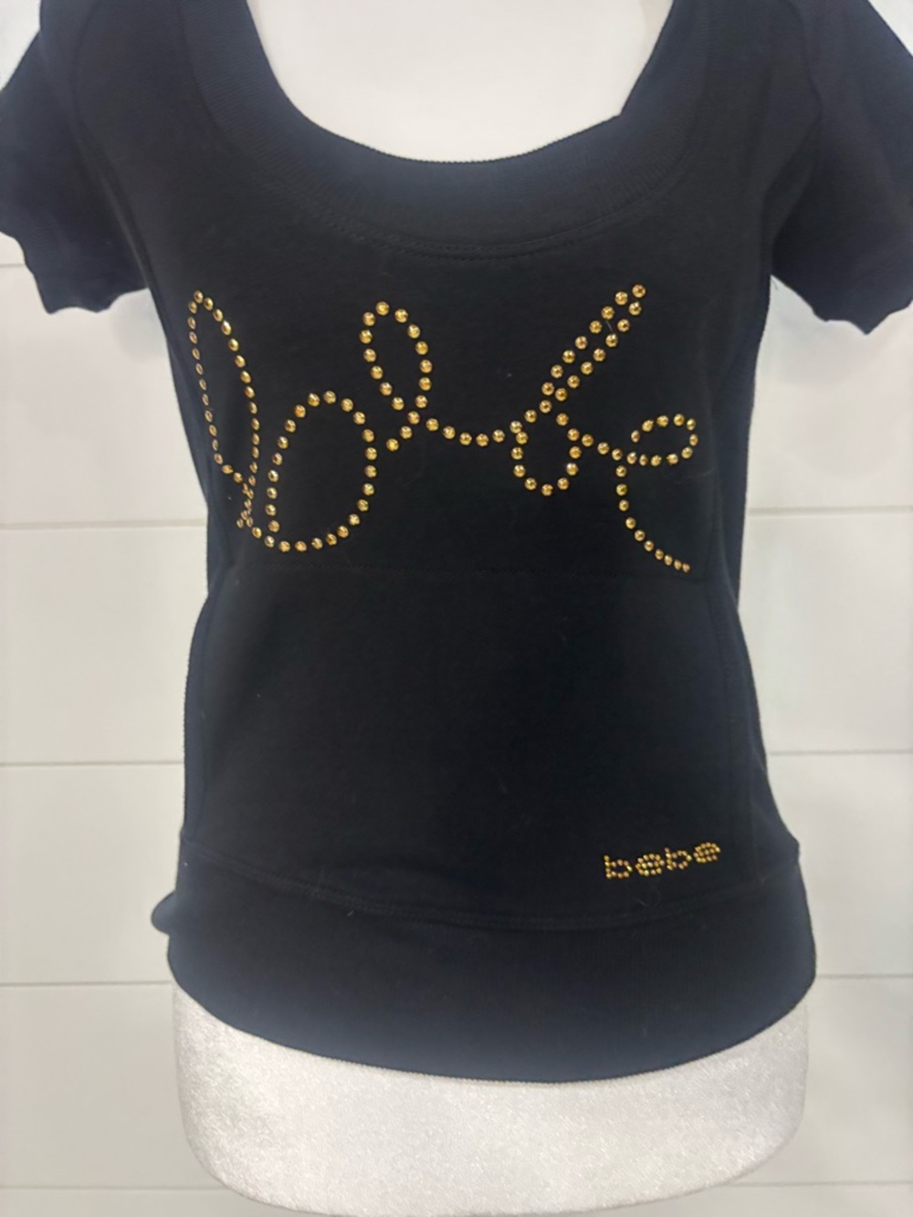 NWT Y2K  Bebe Black Hooded T-Shirt Gold Studded Logo Made in USA Women's XS